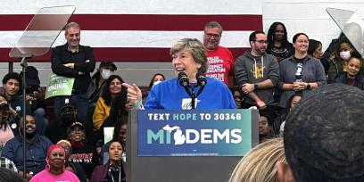 Randi Weingarten in Detroit on Oct. 29.