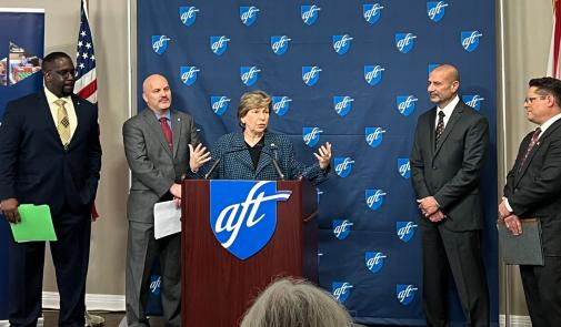 AFT President Randi Weingarten at a podium talking about the Innovation Fund