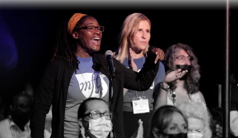 MFT member, Minneapolis teacher, and activist Marcia Howard speaks from the floor in Boston at AFT Convention 2022.