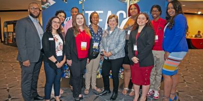 Photo of AFT President Randi Weingarten, center, with students and educators attending the AFT’s TEACH conference in Washington, D.C., July 21.