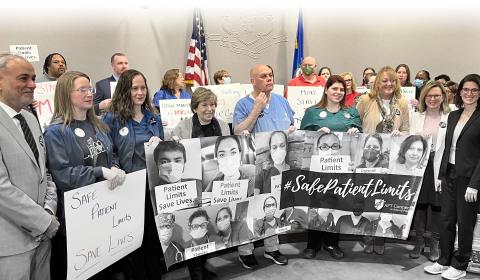 Randi Weingarten and AFT CT Healthcare union members joined legislative leaders Monday, January 23 to announce policy prescriptions for Connecticut’s ongoing patient care crisis. At a Capitol News Briefing nurses and allied health professionals called on lawmakers to adopt proposals that would address unsafe staffing, establish safe patient limits and protect vital health services.