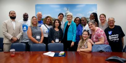 Photo of BTU Members with Senator Elizabeth Warren on AFT Lobby Day 2023